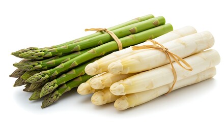 Fresh Green and White Asparagus Bundles Tied with Raffia on White Background, High-Resolution Minimal Food Photography