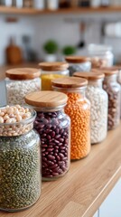 Various Dried Beans And Pulses In Glass Jars Arranged On A Wooden Surface In A Kitchen