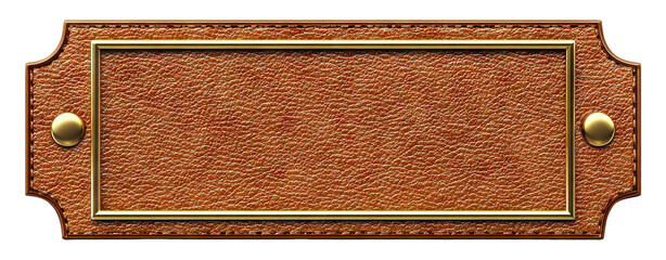Elegant leather nameplate with gold frame and bolts, isolated on transparent cutout background