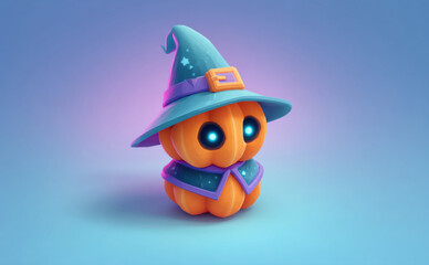 Whimsical pumpkin character wearing a blue wizard hat with glowing eyes, set against a soft gradient background, embodying a playful Halloween spirit and magical charm