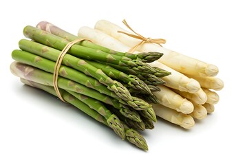 Fresh Green and White Asparagus Bundles Tied with Raffia on White Background, High-Resolution Minimal Food Photography