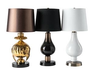 Three table lamps in brown, black, and white