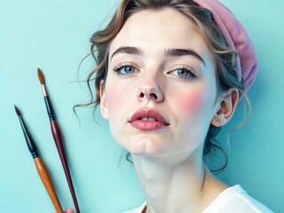 Woman with Paintbrushes, Artistic Portrait