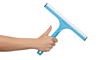 Isolated squeegee in human hand for cleaning glass, surface, housework; cleaning equipment tool