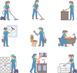 Cleaning Services Team Members Performing Various Household Chores Vector Illustration.