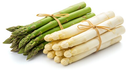 Fresh Green and White Asparagus Bundles Tied with Raffia on White Background, High-Resolution Minimal Food Photography