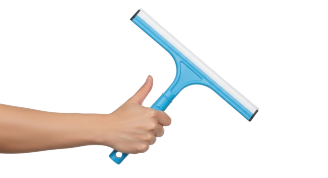 Isolated squeegee in human hand for cleaning glass, surface, housework; cleaning equipment tool