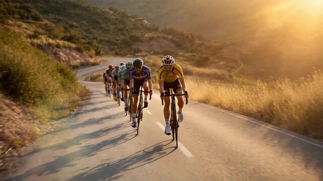 Leaning cyclist in yellow jersey into bend on hillside road, with riders drafting for wind shelter