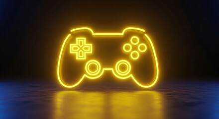 Glowing neon game controller on a dark surface, representing gaming and entertainment.