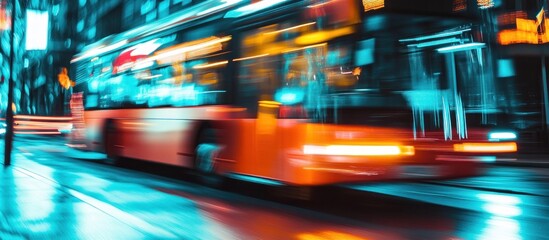 Dynamic motion blur of bus speeding through city at night in vivid colors
