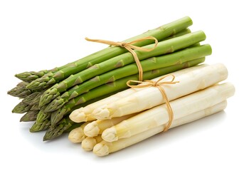 Fresh Green and White Asparagus Bundles Tied with Raffia on White Background, High-Resolution Minimal Food Photography