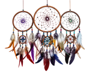 Three dream catchers with various colorful feathers and beads