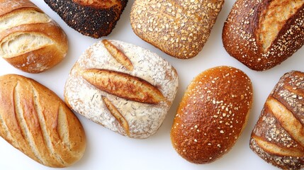 Fototapeta premium Variety of freshly baked loaves of bread forming a frame on a white background