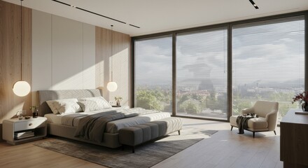 A sunlit modern bedroom with a king-size bed, floor-to-ceiling windows, and a panoramic view of the city.