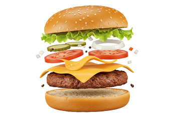 Exploded hamburger ingredients floating food preparation concept overhead view isolated