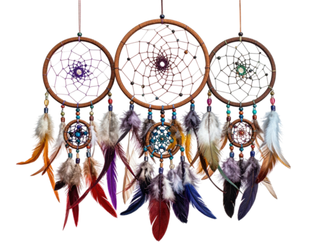 Three dream catchers with various colorful feathers and beads