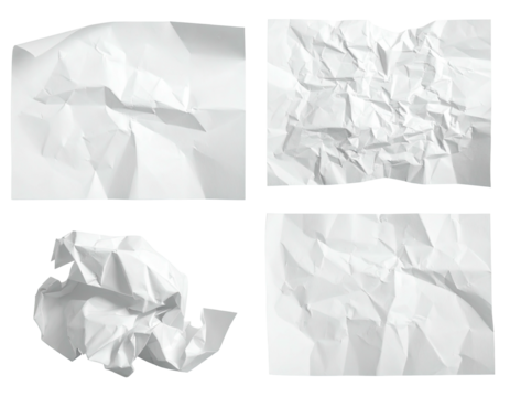 Four crumpled white paper sheets, various shapes and degrees of crumpling