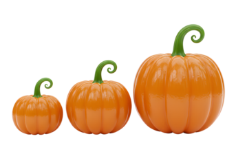 Three Bright Orange Pumpkins in Graduated Sizes Isolated on White Background - Perfect for Autumn, Fall & Halloween Designs