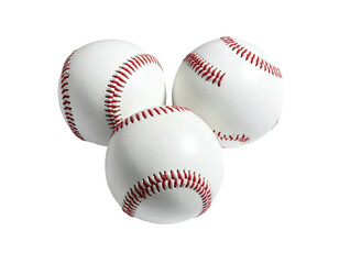 Three baseballs, close-up, white with red stitching, arranged in a triangle