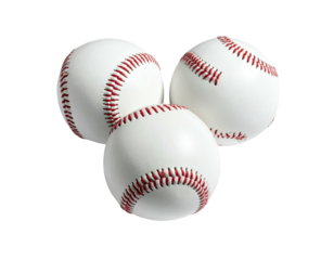 Three baseballs, close-up, white with red stitching, arranged in a triangle