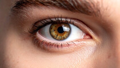Obraz premium Close-up of a human eye, showing intricate details. Pupil, iris, lashes, eyebrow, and skin texture are visible. Lighting highlights features