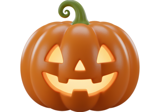 3D Jack-o'-Lantern with Smiling Face and Warm Glow. Classic Halloween Pumpkin Illustration for Festive Autumn Celebrations.