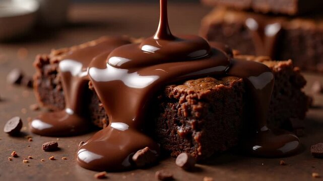 Indulge in decadent chocolate brownie perfection, rich and molten, with fudge drizzled luxuriously over its moist crumb - a truly irresistible treat.