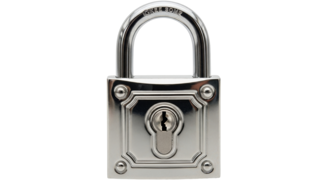 Isolated gleaming vintage silver-colored padlock protects property and secures valuables