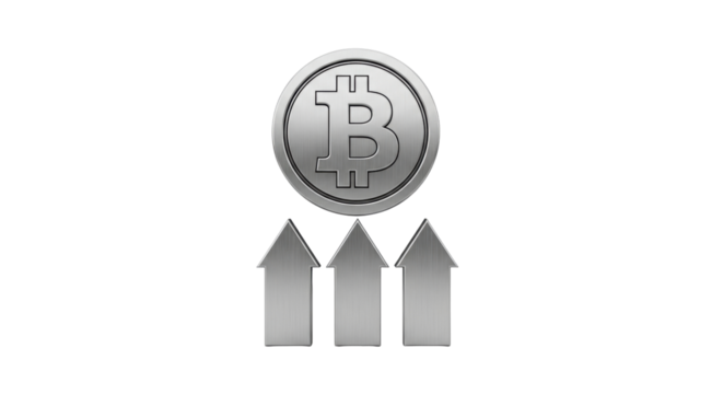 Isolated bitcoin market growth with silver arrows showing price increase of cryptocurrency