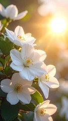 Obraz premium Radiant White Jasmine Blossoms Bathed in Golden Sunlight Macro Photography of Delicate Spring Flowers with Glistening Petals and Bright Floral Center in Warm Light