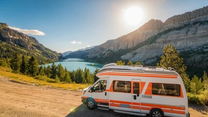 Starting engine orange camper van moving on overlook road, with turquoise lake cliffs midday sun - Powered by Adobe