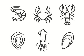 Line art icons of seafood: shrimp, crab, lobster, oyster, squid, mussel