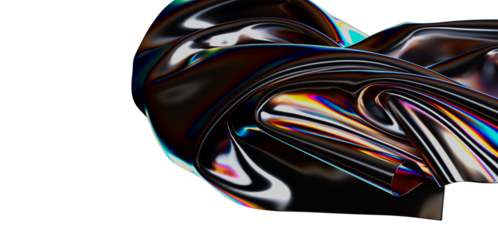 Rendered abstract art of a fluid, iridescent material with a glossy finish, creating a mesmerizing interplay of colors and light.