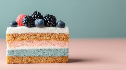 Multi-layered dessert with colorful frosting and fresh berries.
