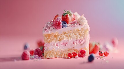 A slice of cake decorated with fresh berries.