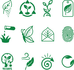 Green Eco-Friendly Icons with Leaves, Recycling, and Nature Symbols