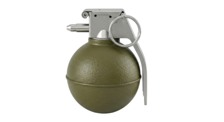 Isolated hand grenade, olive drab color with silver safety lever and pull ring, dangerous object