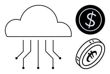 Cloud computing links to digital coins with currency symbols. Ideal for fintech, blockchain, cryptocurrency, cloud technology, investment, economy, innovation. Simple flat metaphor