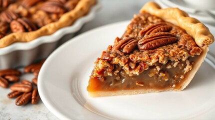 Slice of Perfection: A close-up shot captures the deliciousness of a slice of pecan pie, showcasing the flaky crust and a medley of crunchy pecans and sweet filling.