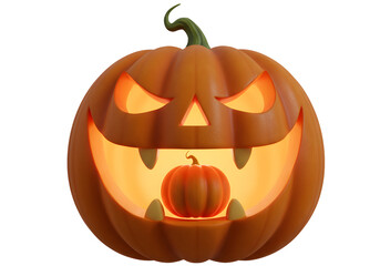 Glowing Halloween Jack-o'-Lantern with Small Pumpkin Inside. Spooky carved face illuminating a little pumpkin, isolated on white background for autumn holiday decoration.