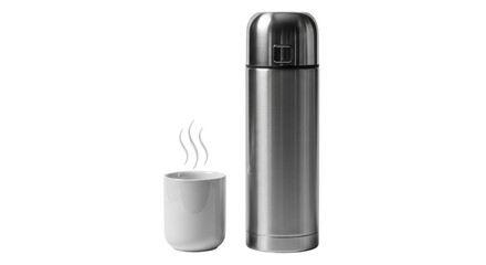 Isolated coffee mug and metal thermos flask for travel, hot drink on trip, picnic set item