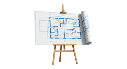 Isolated blueprint of floor plan on easel, architectural project on display, interior design