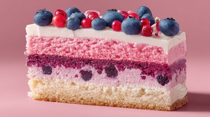 Close-up of a layered cake slice with vibrant colors and fresh berries.