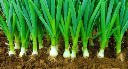 Young onions sprouting in rich soil