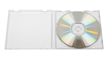 Isolated music or video compact disc on crystal jewel case against plain backdrop, blank CD