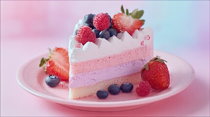 Multi-layered cake slice topped with fresh berries.