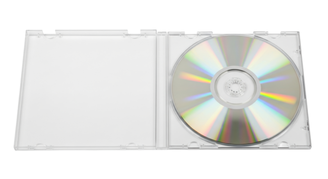 Isolated music or video compact disc on crystal jewel case against plain backdrop, blank CD