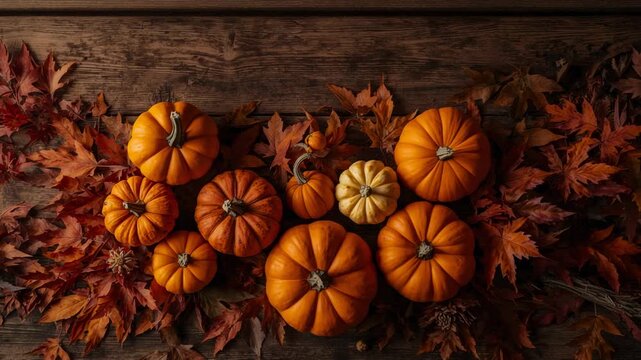 Pulling back camera at one-second mark revealing nine pumpkins on tabletop with dried leaves