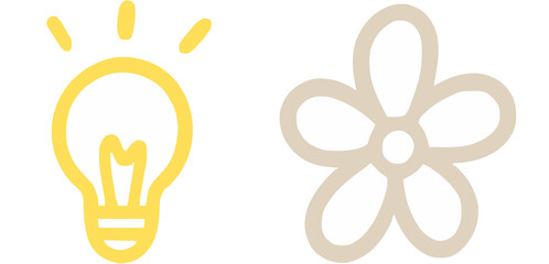 Creative Idea and Natural Beauty: Hand-Drawn Light Bulb and Flower Icons on White Background