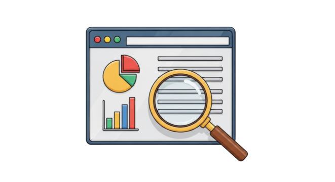 Isolated business analysis app, website window, magnifying glass, data charts and graphs